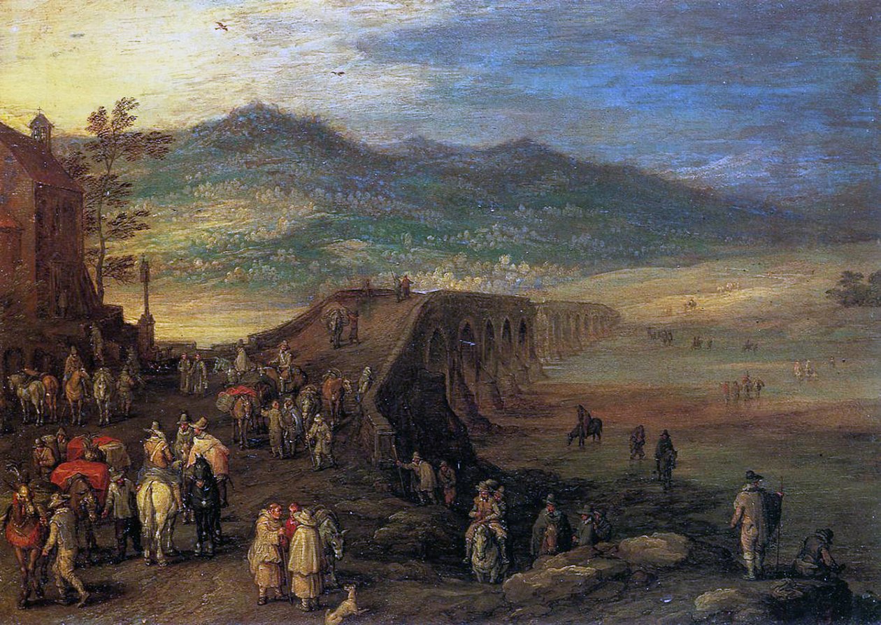 Podróżnicy na moście Talavera, 1610 (olej na miedzi) autorstwa Jan the Elder Brueghel