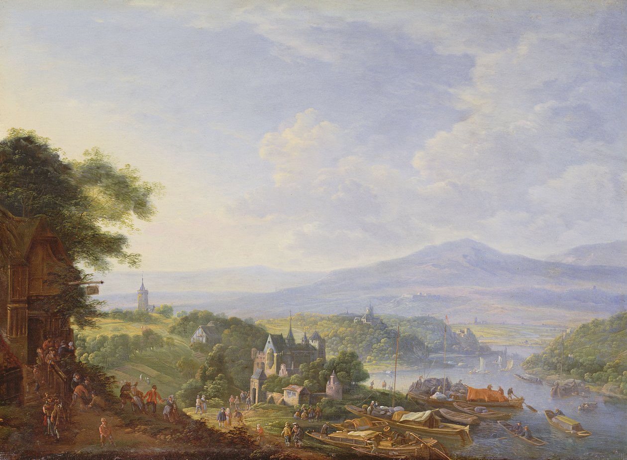 Widok na Ren koło Kolonii, ok. 1700-10 (olej na miedzi) autorstwa Jan the Elder Griffier
