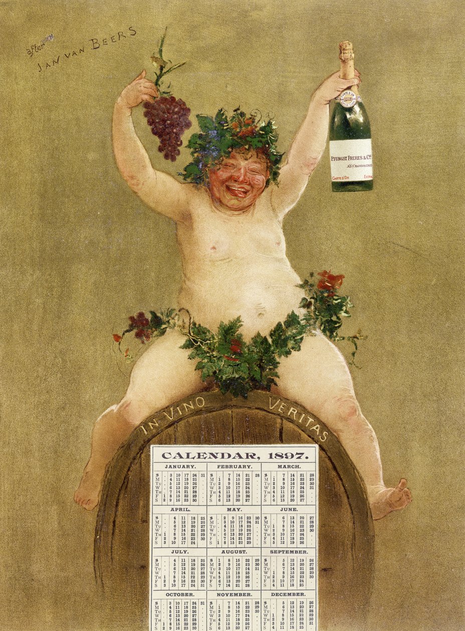 Kalendarz promocyjny szampana Pfungst Freres, ilustrujący Bachusa siedzącego na beczce z napisem „In Vino Veritas”, 1897 autorstwa Jan van Beers