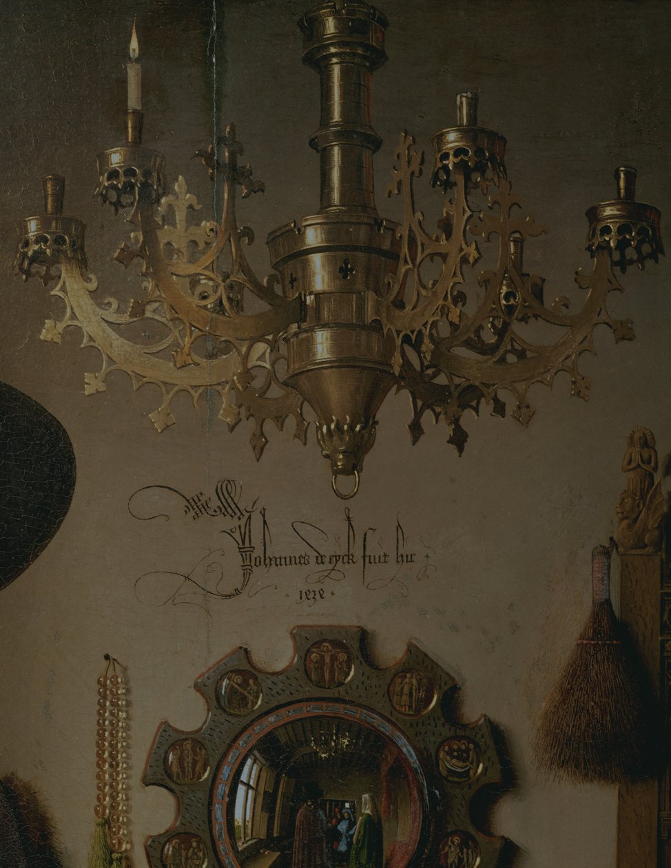 Portret Giovanniego ? Arnolfini i jego żona Giovanna Cenami ? Olej Arnolfini Małżeństwo 1434 na detalu panelu z 1765 r autorstwa Jan van Eyck