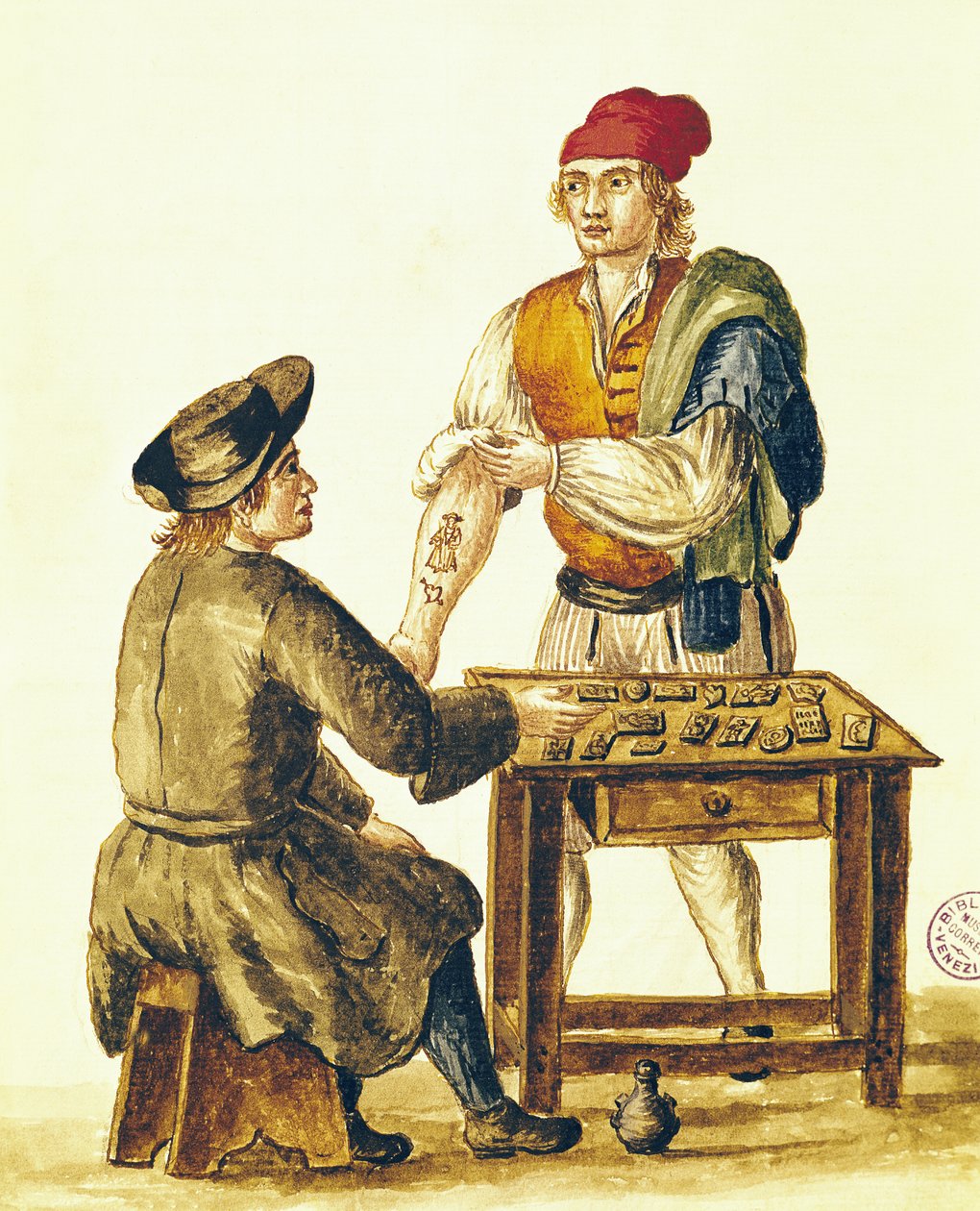 Venetian Tattooer (pióro i atrament i toaleta na papierze) autorstwa Jan van Grevenbroeck