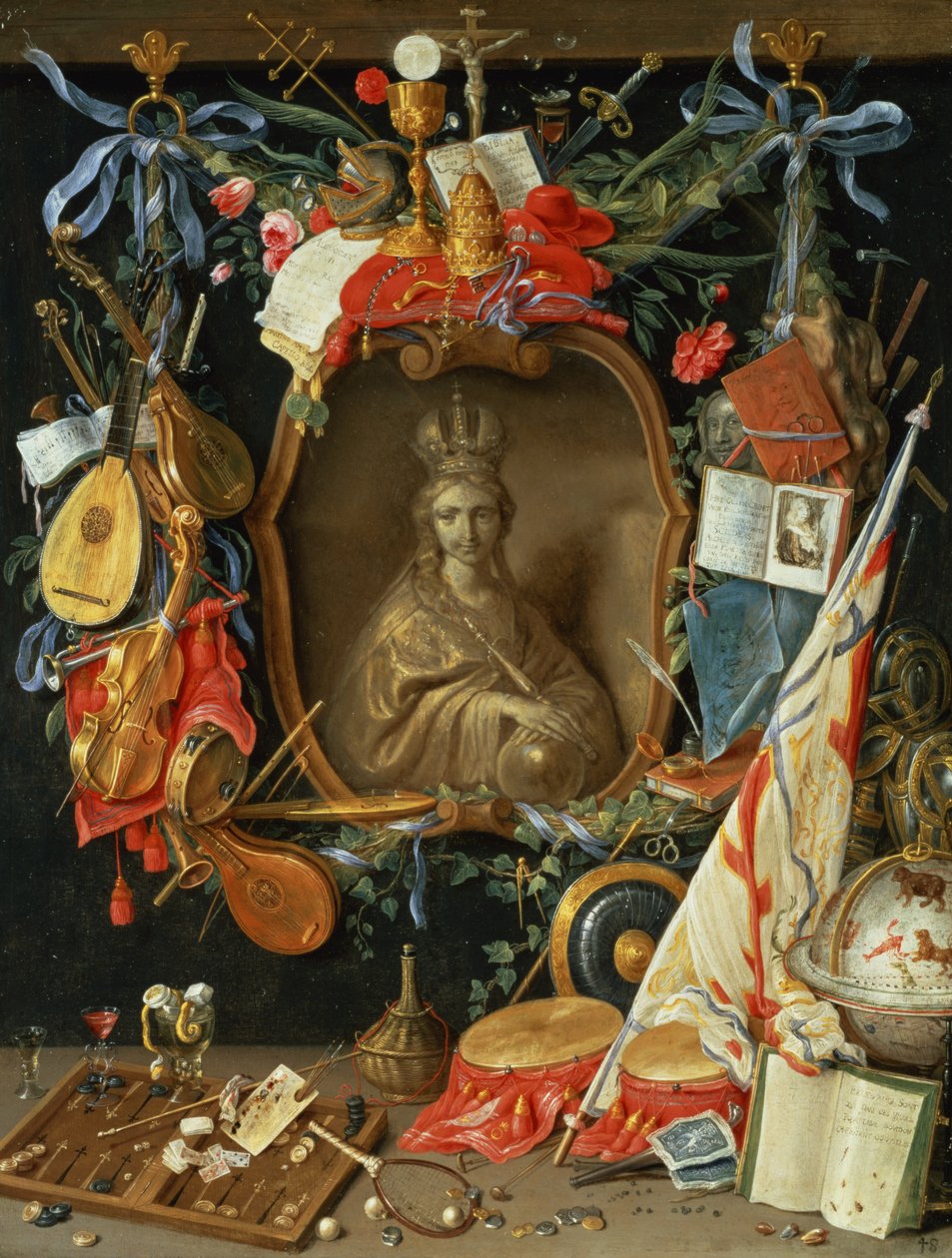 Ecclesia Otoczona Symbolami Próżności (na miedzi) autorstwa Jan van Kessel the Elder