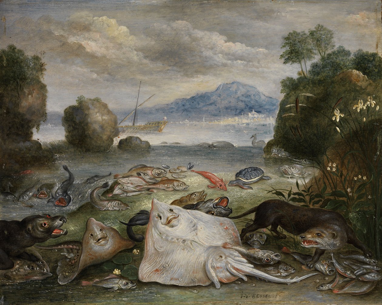 Zwierzęta morskie, ryby i wydry na plaży z widokiem na zatokę z żaglowcem i górą w oddali autorstwa Jan van Kessel the Elder