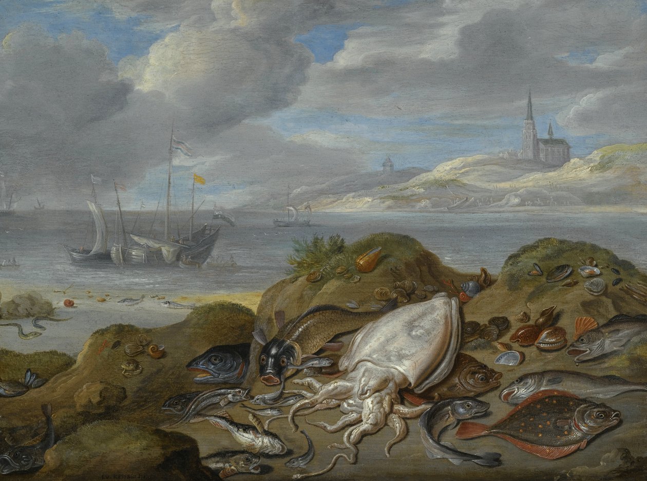 Martwa natura z mątwą, gładzicą, dorszem, małżami i innymi rybami na wydmie, kościół za ujściem rzeki autorstwa Jan van Kessel the Elder