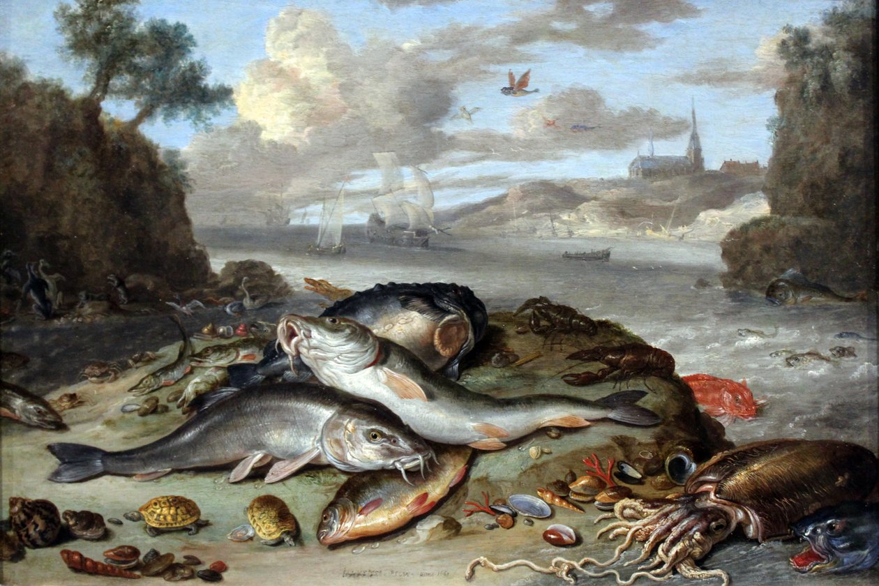 Martwa natura z rybami i zwierzętami morskimi w nadmorskim krajobrazie autorstwa Jan van Kessel the Elder