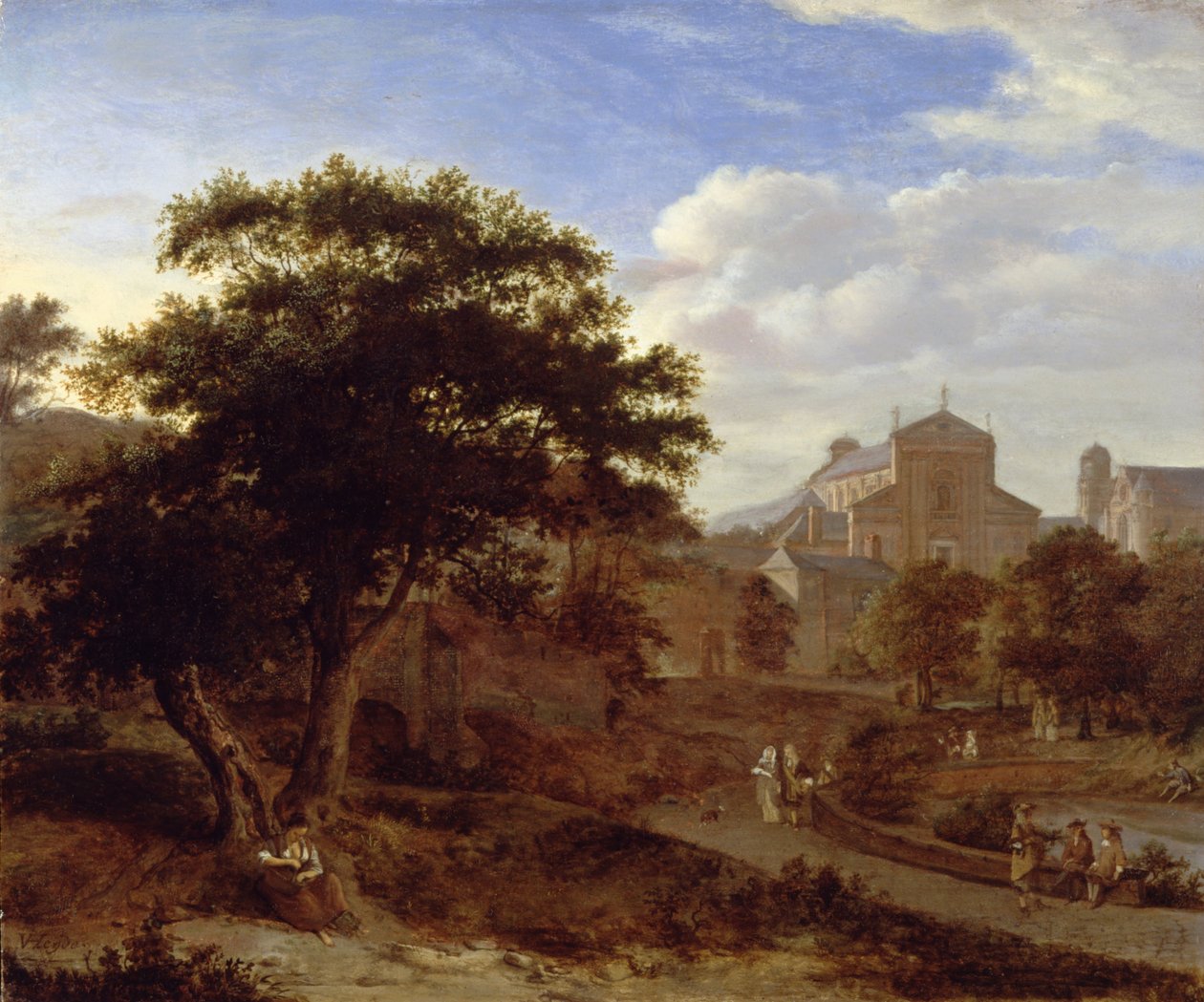 Dwa kościoły i mur miejski autorstwa Jan van der Heyden