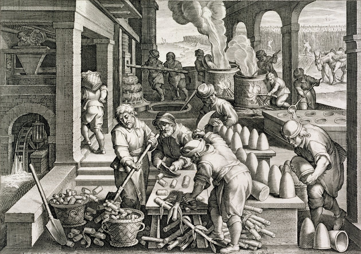 A Sugar Mill and the Production of Sugar Loaves, płyta 14 z „Nova Reperta” (Nowe odkrycia) rytowana przez Philipa Galle (1537-1612) ok. 1600 r. (patrz także 320917) autorstwa Jan van der Straet