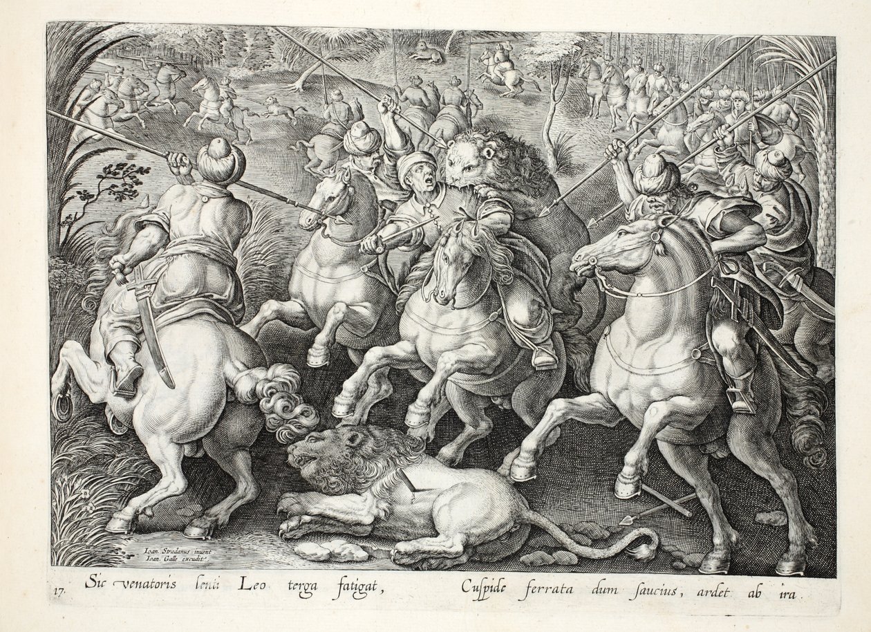 Polowanie na lwy z włóczniami, ilustracja z „Venationes, Ferarum, Avium, Piscium” (O polowaniach: dzikie zwierzęta, ptaki, ryby), sztych. Jan Collaert (1566-1628), wyd. autorstwa Phillipusa Gallaeusa, Amsterdam (en autorstwa Jan van der Straet