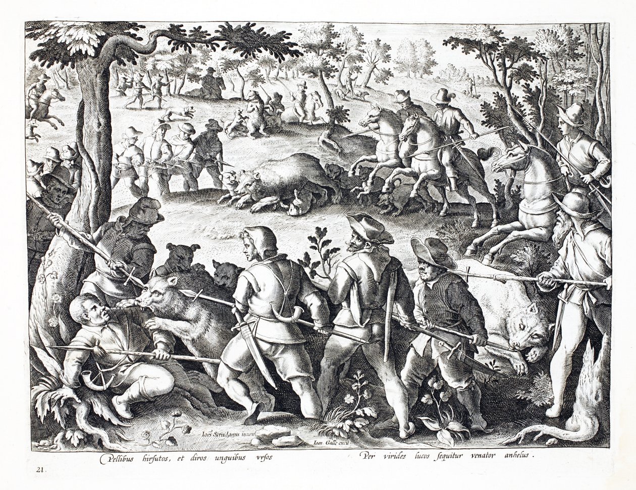 Polowanie na niedźwiedzie z psami i włóczniami, ilustracja z „Venationes, Ferarum, Avium, Piscium” (O polowaniach: dzikie zwierzęta, ptaki, ryby), sztych. Jan Collaert (1566-1628), wyd. przez Phillipusa Gallaeusa, Ams autorstwa Jan van der Straet