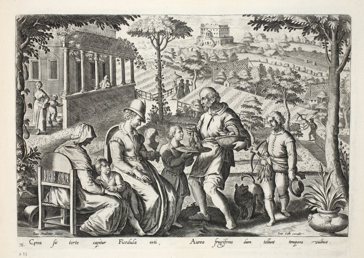Ptaszniki sprzedające martwe ptaki, tablica 76, ilustracja z „Venationes, Ferarum, Avium, Piscium” (O polowaniu: dzikie zwierzęta, ptaki, ryby), ryt. Jan Collaert (1566-1628), wyd. przez Phillipusa Galla .a autorstwa Jan van der Straet