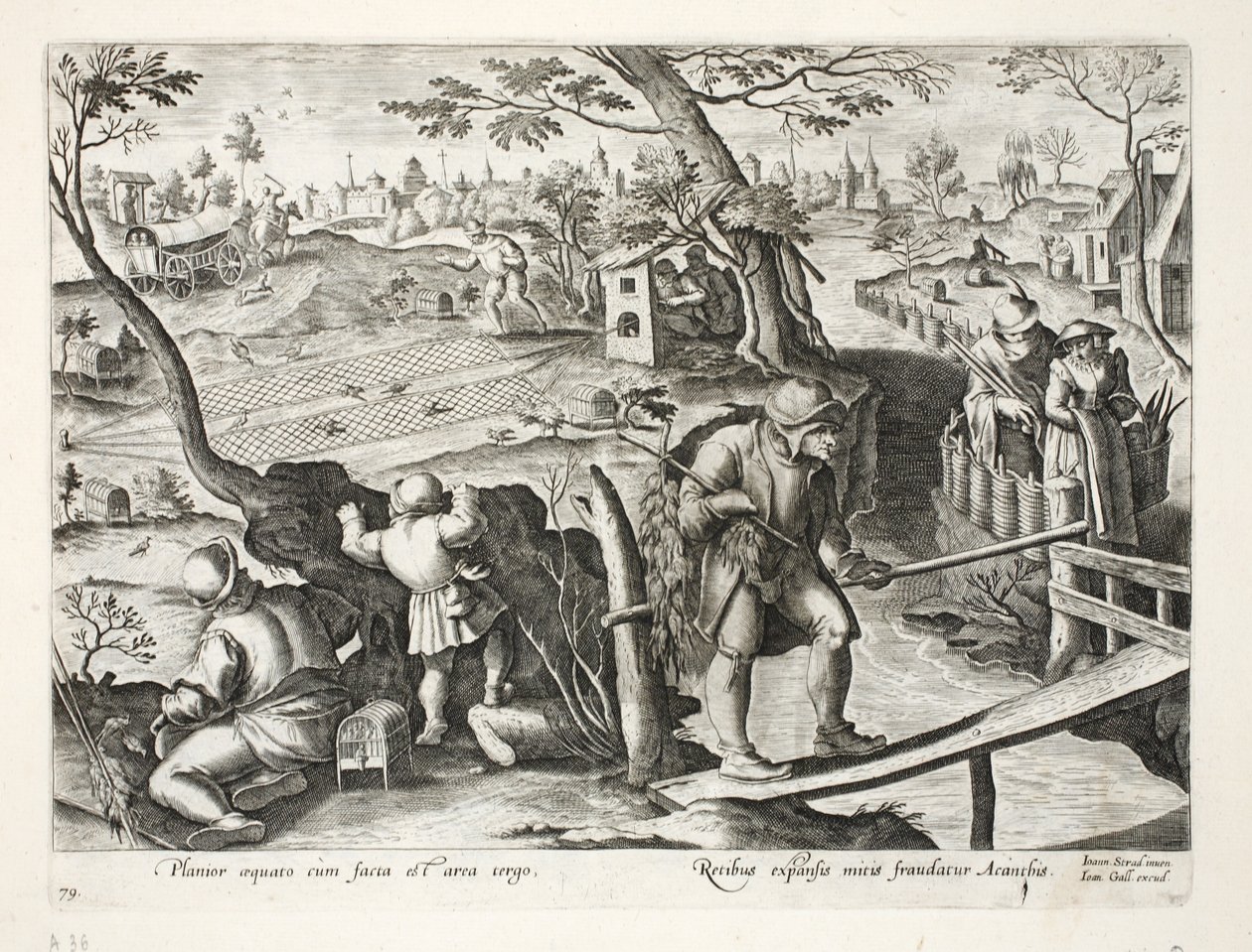 Ptaszniki łowiące szpaki, ilustracja z „Venationes, Ferarum, Avium, Piscium” (O polowaniu: Dzikie zwierzęta, ptaki, ryby), ryt. Jan Collaert (1566-1628), wyd. przez Phillipusa Gallaeusa, Amste autorstwa Jan van der Straet