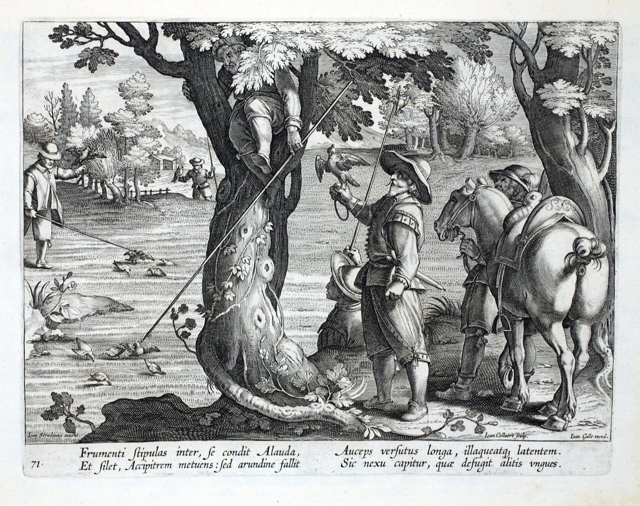 Ptaszniki używające prętów z pierścieniami do łapania ptaków, ilustracja z „Venationes, Ferarum, Avium, Piscium” (O polowaniu: dzikie zwierzęta, ptaki, ryby), ryt. Jan Collaert (1566-1628), wyd. przez Phil autorstwa Jan van der Straet