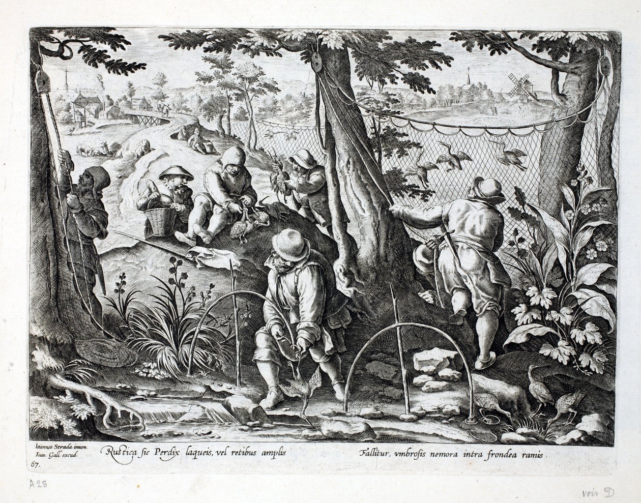 Ptaszniki używające pułapek do łapania kuropatwy, ilustracja z „Venationes, Ferarum, Avium, Piscium” (O polowaniu: Dzikie zwierzęta, ptaki, ryby), ryt. Jan Collaert (1566-1628), wyd. przez Phillipusa Gali autorstwa Jan van der Straet