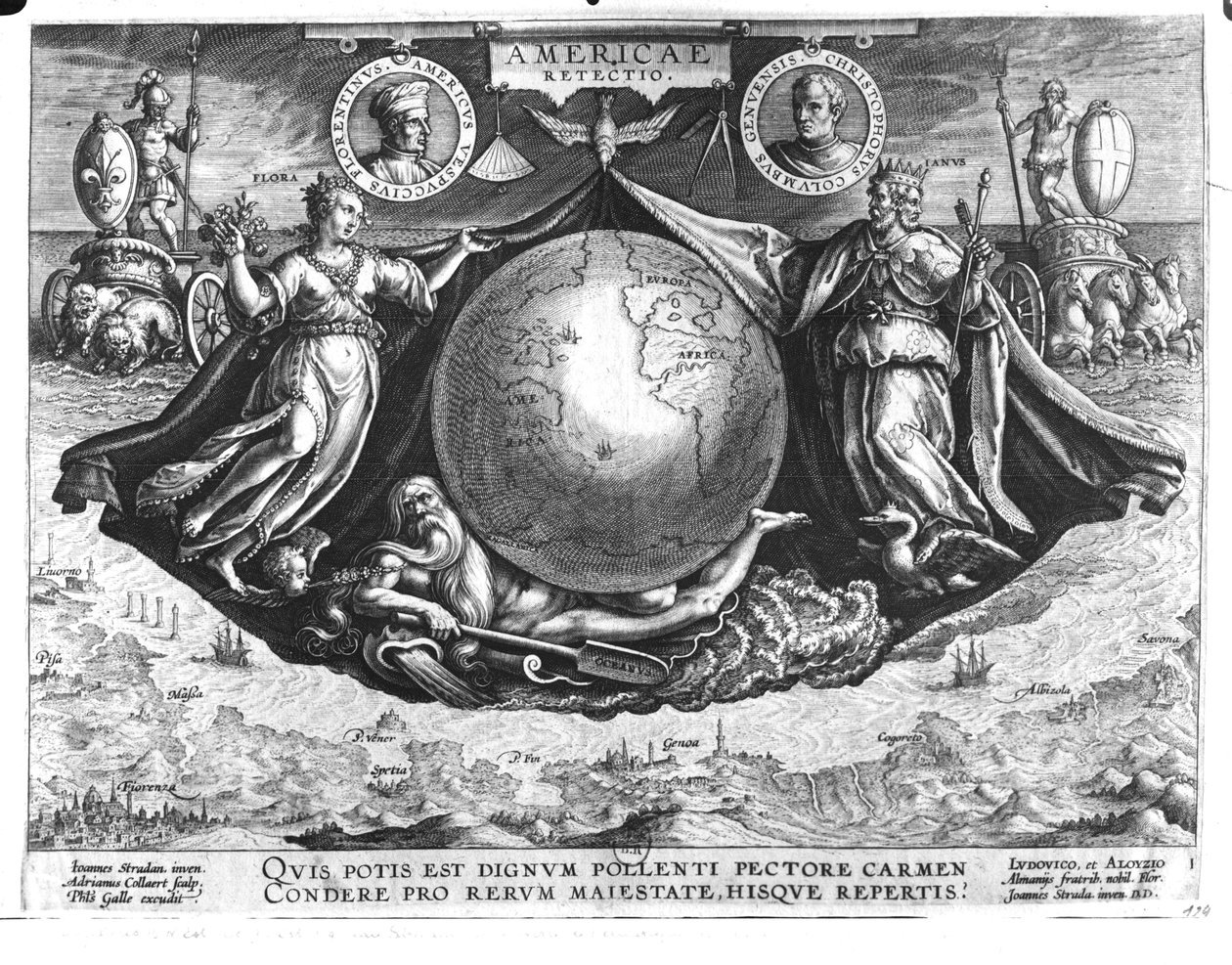 Odkrycie Ameryki z portretami Amerigo Vespucciego (1454-1512) i Krzysztofa Kolumba (1451-1506), rytowane przez Jana Collaerta (1566-1628) wydrukowane przez Philippa Galle (1537-1612) ok. 1600 (b autorstwa Jan van der Straet