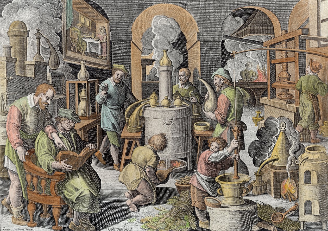 Destylacja, gotowanie wody w celu oczyszczenia, grawerowane przez Philipa Galle (1537-1612) (późniejsze zabarwienie) autorstwa Jan van der Straet
