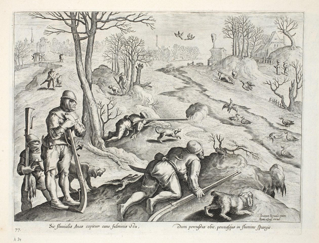 Strzelanie do kaczek, ilustracja z „Venationes, Ferarum, Avium, Piscium” (O polowaniu: dzikie zwierzęta, ptaki, ryby), ryt. Jan Collaert (1566-1628), wyd. autorstwa Phillipusa Gallaeusa, Amsterdam autorstwa Jan van der Straet