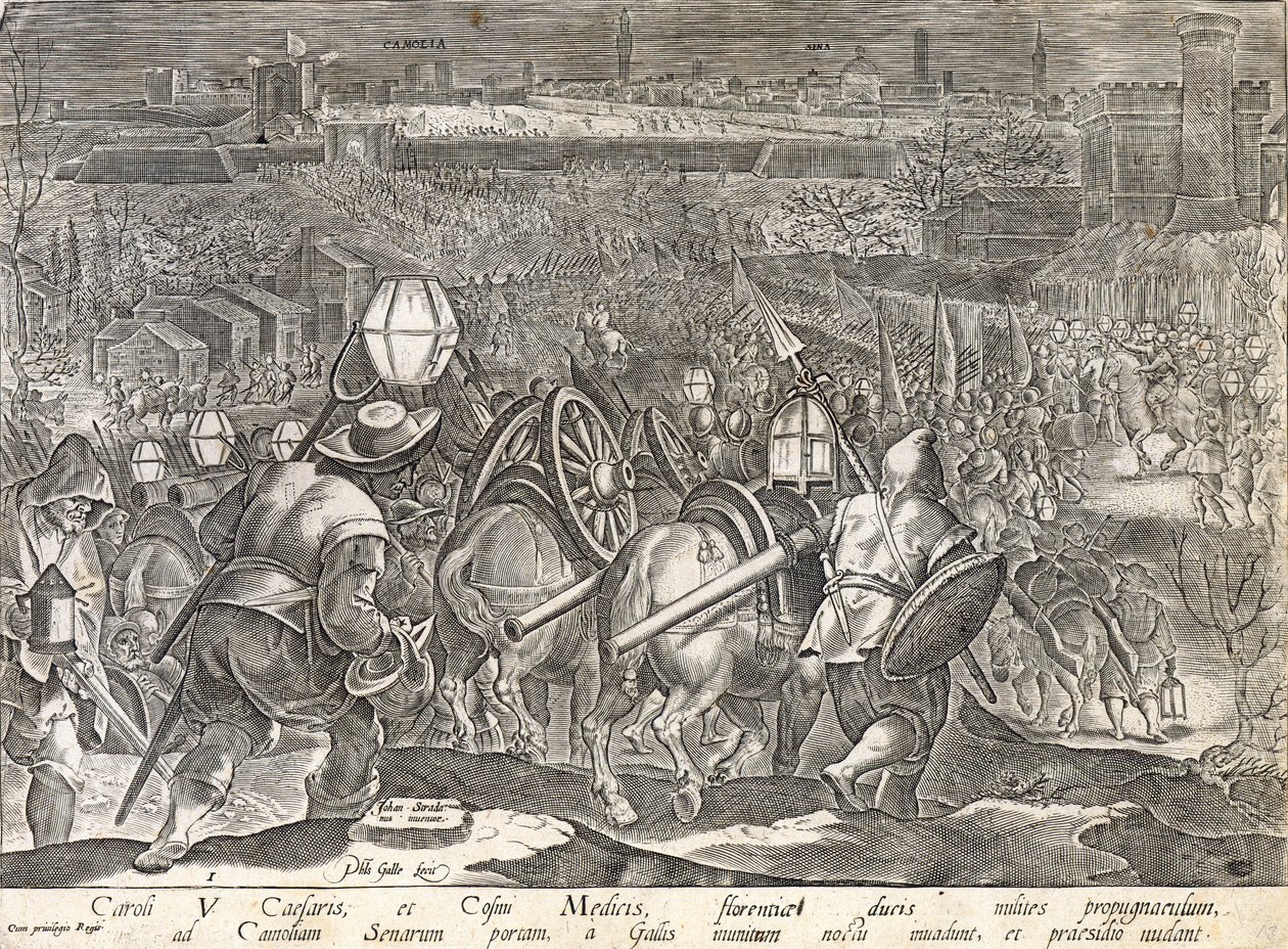 Cesarz Karol V i Kosma I Medyceusz w Porta Camollia, Siena, tablica z "Historii Medyceuszy", wyryta przez Philipa Galle (1537-1612), ok. 1583 r. autorstwa Jan van der Straet