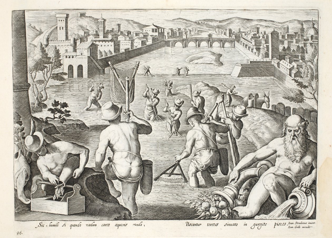 Wędkowanie w płytkich wodach za pomocą sieci, tablica 96, ilustracja z „Venationes, Ferarum, Avium, Piscium” (O polowaniu: dzikie zwierzęta, ptaki, ryby), ryt. Jan Collaert (1566-1628), wyd. przez Phillipusa autorstwa Jan van der Straet