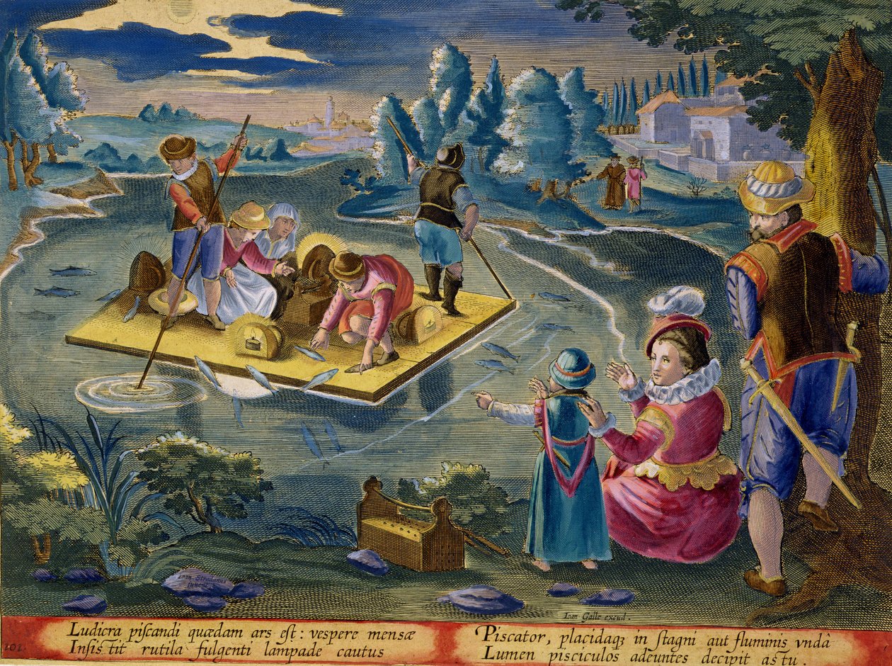 Wędkowanie na jeziorze nocą, tablica 101 z „Venationes Ferarum, Avium, Piscium” (O polowaniu: dzikie zwierzęta, ptaki, ryby) rytowana przez Jana Collaerta (1566-1628) wydanej przez Phillipus Gallaeus z Amsterdamu autorstwa Jan van der Straet