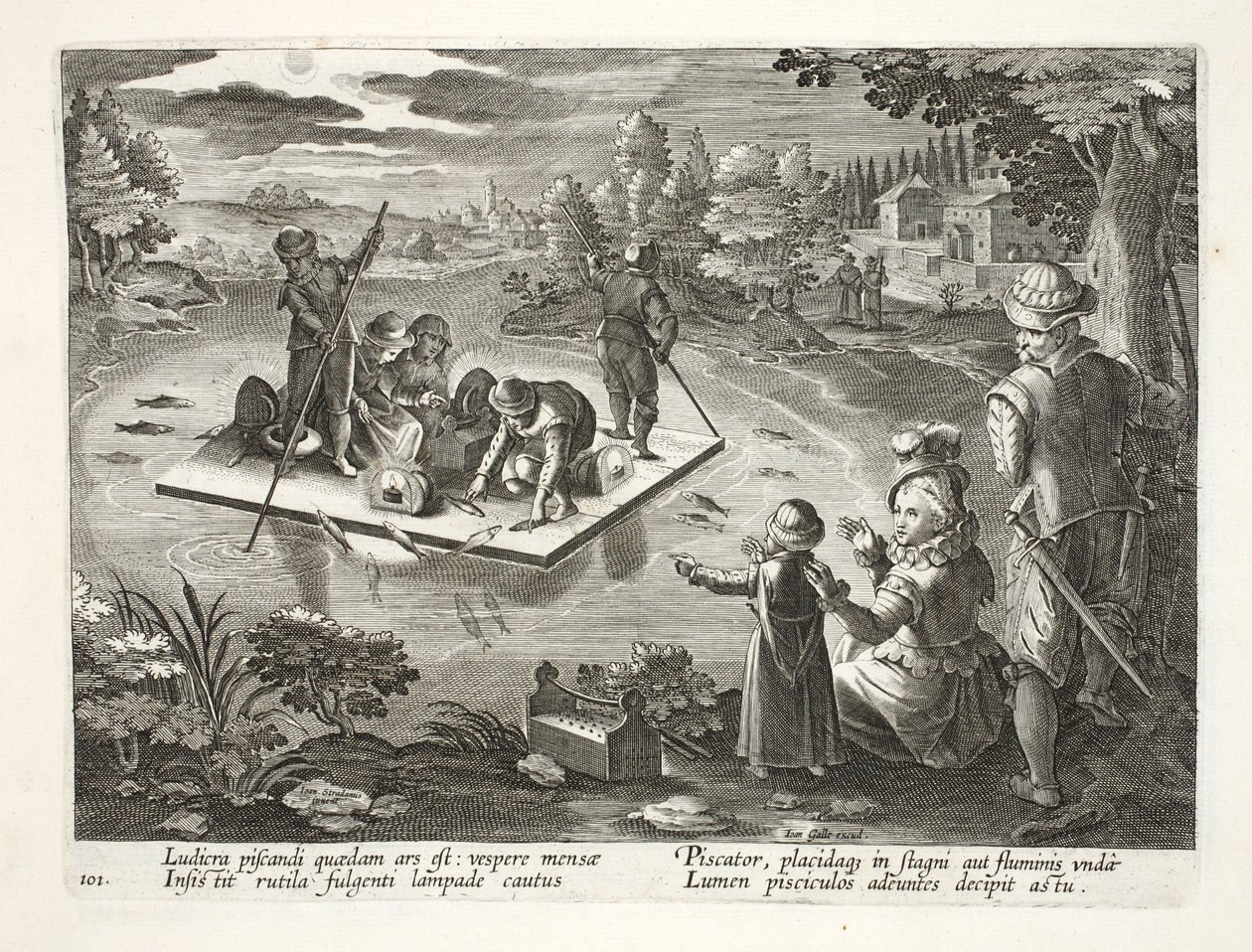 Łowienie na jeziorze nocą, tablica 101, ilustracja z „Venationes, Ferarum, Avium, Piscium” (O polowaniach: dzikie zwierzęta, ptaki, ryby), ryt. Jan Collaert (1566-1628), wyd. przez Phillipusa Gallaeusa, autorstwa Jan van der Straet