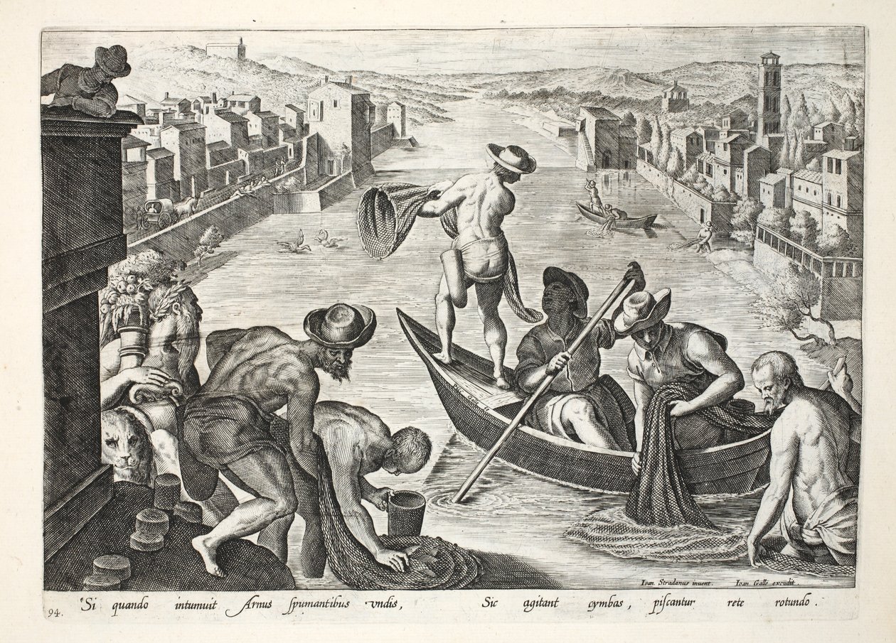 Łowienie ryb na rzece Arno przy użyciu łodzi i sieci, ilustracja z „Venationes, Ferarum, Avium, Piscium” (O polowaniu: Dzikie zwierzęta, ptaki, ryby), ryt. Jan Collaert (1566-1628), wyd. przez Phillipusa Gallae autorstwa Jan van der Straet