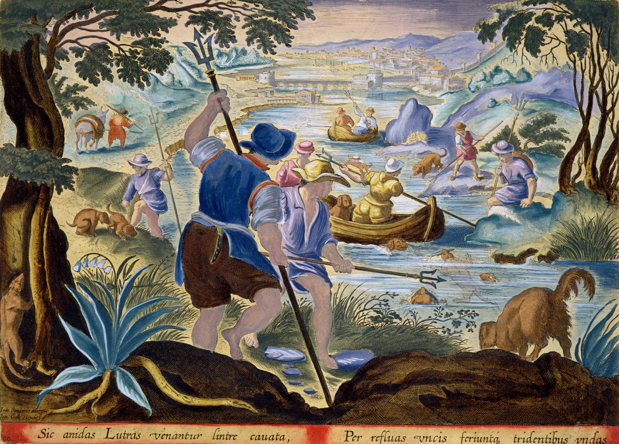 Fishing with Tridents, tablica 90 z "Venationes Ferarum, Avium, Piscium" (Of Hunting: Wild Beasts, Birds, Fish) rycina Jana Collaerta (1566-1628) wydana przez Phillipusa Gallaeusa z Amsterdamu (ręcznie autorstwa Jan van der Straet