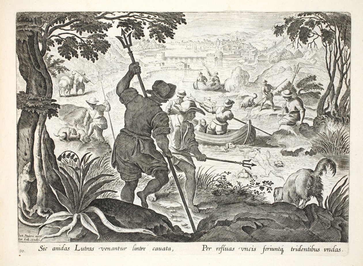 Połów ryb trójzębami, tablica 90, ilustracja z "Venationes, Ferarum, Avium, Piscium" (O polowaniu: dzikie zwierzęta, ptaki, ryby), rycina Jana Collaerta (1566-1628), wyd. Phillipus Gallaeus, Amste autorstwa Jan van der Straet