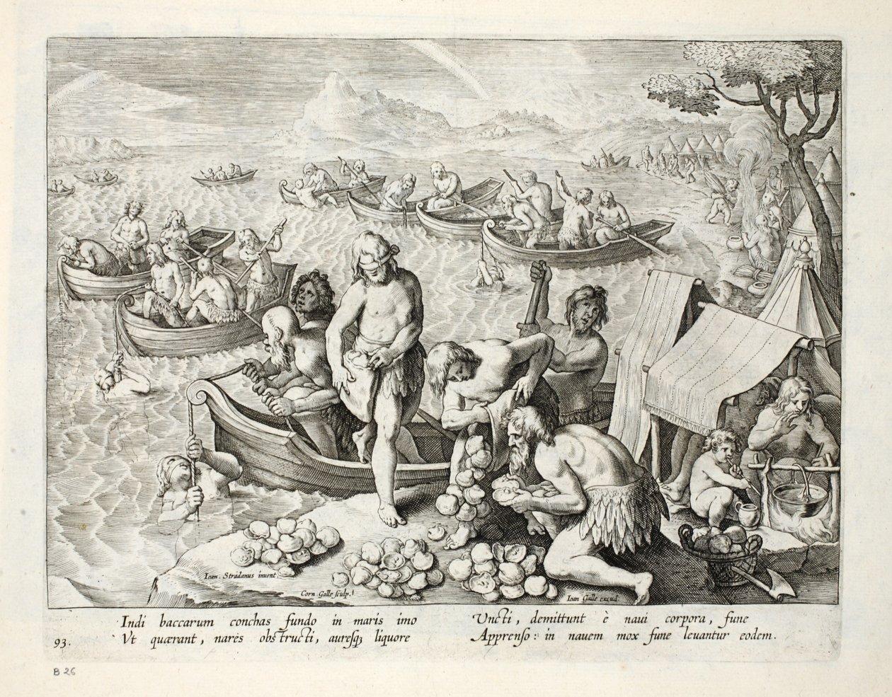 Indianie nurkujący w poszukiwaniu pereł, tablica 93, ilustracja z "Venationes, Ferarum, Avium, Piscium" (O polowaniu: dzikie zwierzęta, ptaki, ryby), rycina Jana Collaerta (1566-1628), wydana przez Phillipusa Gallaeusa, A autorstwa Jan van der Straet