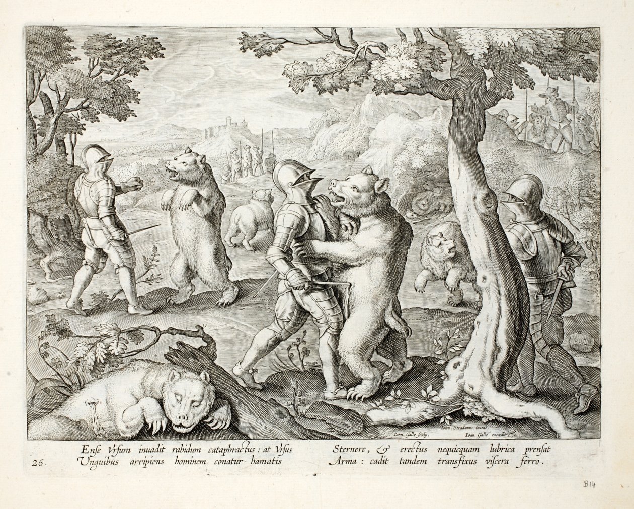 Mężczyźni w ciężkiej zbroi atakują niedźwiedzie dźgając je w narządy, ilustracja z „Venationes, Ferarum, Avium, Piscium” (O polowaniu: dzikie zwierzęta, ptaki, ryby), rycina Jan Collaert (1566-1628), s. autorstwa Jan van der Straet