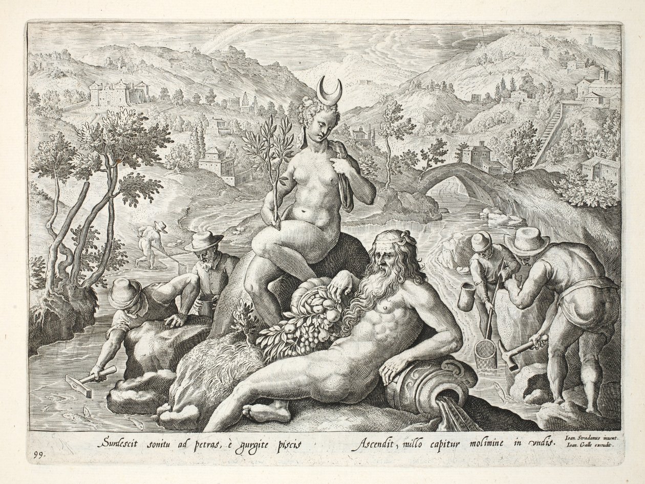 Sposób połowu ryb w sieci przez stukanie o skały, ilustracja z „Venationes, Ferarum, Avium, Piscium” (O polowaniu: dzikie zwierzęta, ptaki, ryby), ryt. Jan Collaert (1566-1628), wyd. autorstwa Jan van der Straet