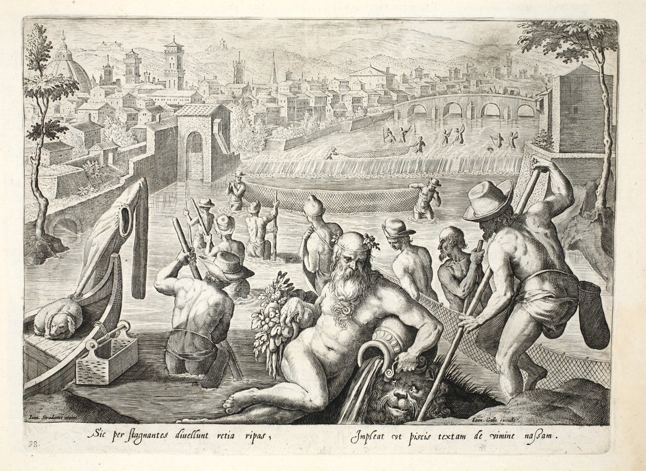 Sposób połowu ryb w płytkiej wodzie sieciami, ilustracja z „Venationes, Ferarum, Avium, Piscium” (Polowanie: Dzikie zwierzęta, Ptaki, Ryby), ryt. Jan Collaert (1566-1628), wyd. przez Philla autorstwa Jan van der Straet