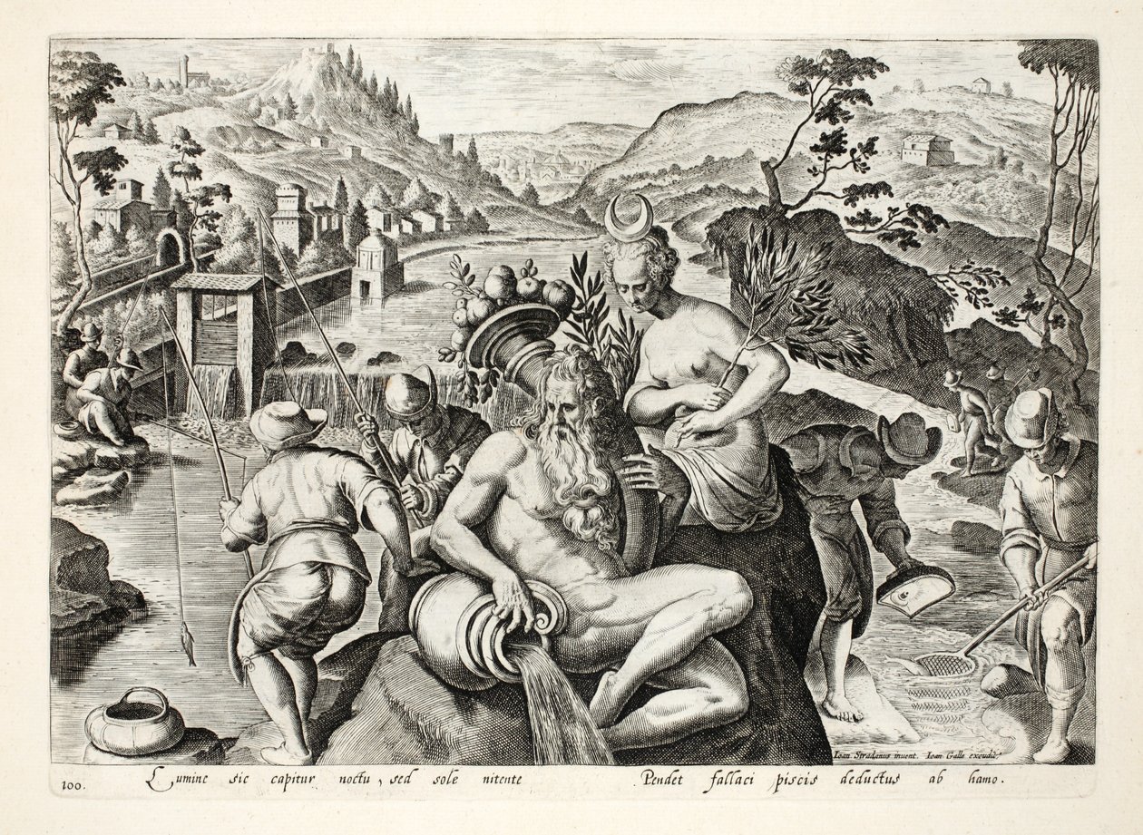 Metoda połowu ryb za pomocą wędki, ilustracja z "Venationes, Ferarum, Avium, Piscium" (O polowaniu: dzikie zwierzęta, ptaki, ryby), rycina Jana Collaerta (1566-1628), wyd. Phillipus Gal autorstwa Jan van der Straet