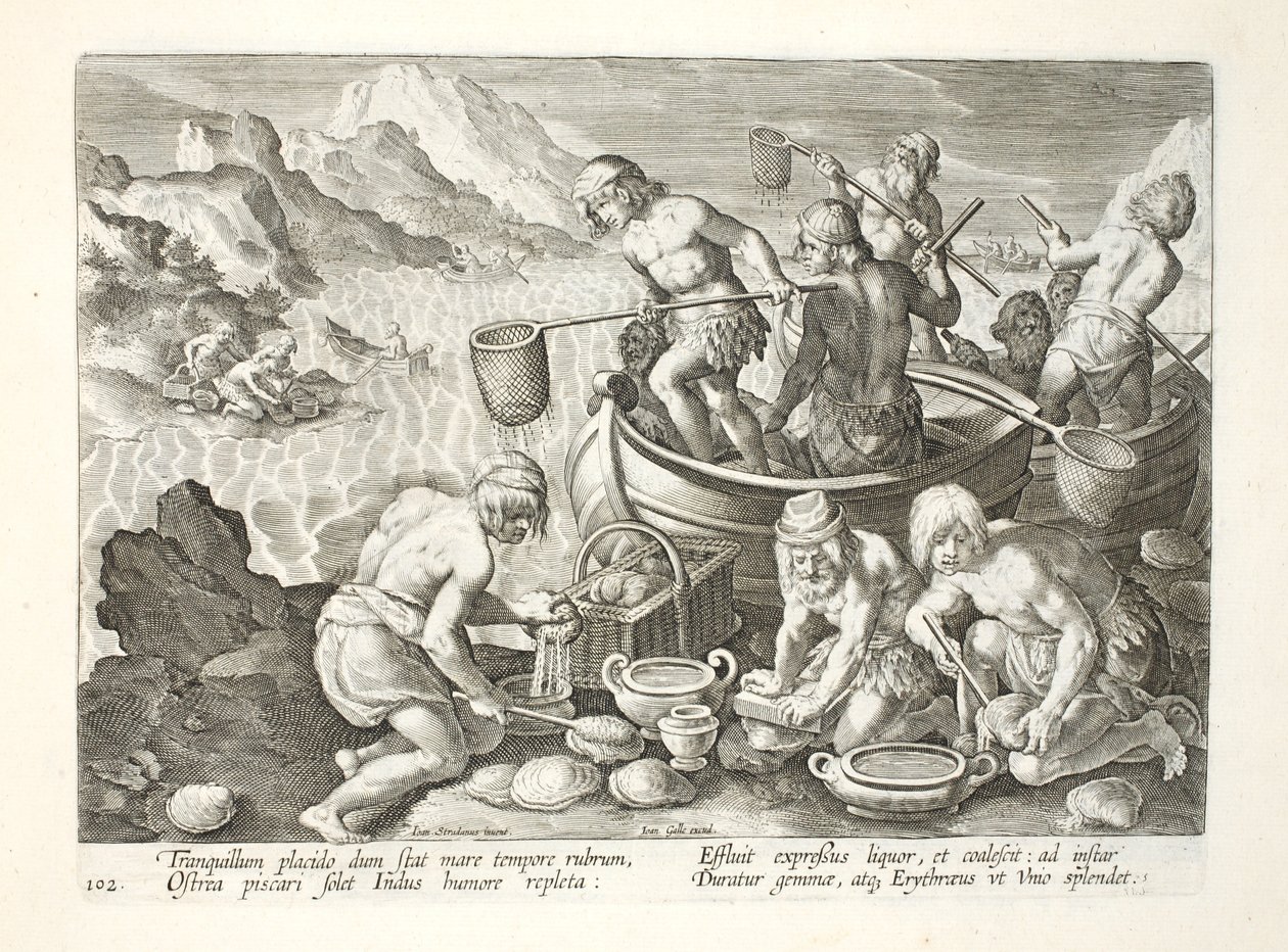 Tubylcy poławiający gigantyczne małże w Indusie, tablica 102, ilustracja z "Venationes, Ferarum, Avium, Piscium" (O polowaniu: dzikie zwierzęta, ptaki, ryby), wyryta przez Jana Collaerta (1566-1628), wyd. P autorstwa Jan van der Straet