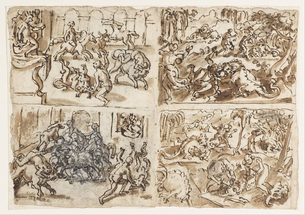 Recto Title- Strona ze szkicownika przedstawiająca cztery sceny- w tym Thessalians Fighting Bulls, górna... autorstwa Jan van der Straet