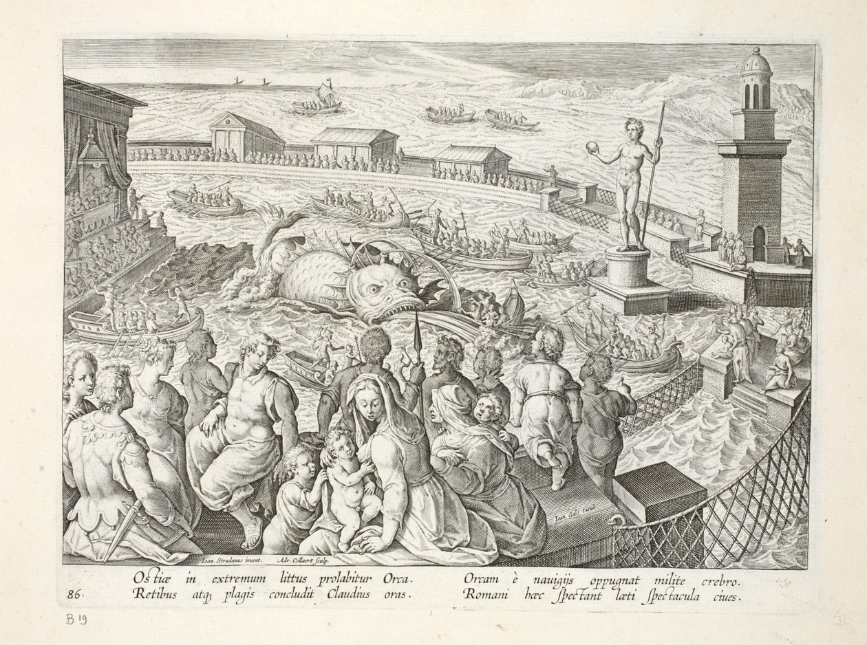 Potwór morski atakujący łódź podczas spektaklu w morskiej obudowie w Ostii, tablica 85, ilustracja z „Venationes, Ferarum, Avium, Piscium” (O polowaniu: dzikie zwierzęta, ptaki, ryby), sztur. autorstwa Jan van der Straet
