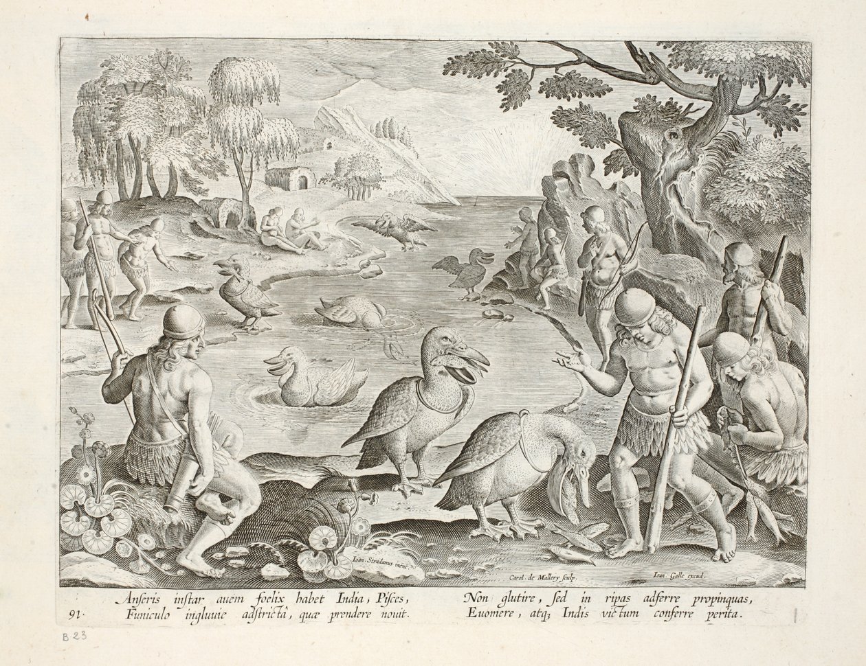 Półnadzy dzicy z Indii Używają pelikanów do połowu ryb, tablica 91, ilustracja z „Venationes, Ferarum, Avium, Piscium” (O polowaniu: dzikie zwierzęta, ptaki, ryby), ryt. Jan Collaert (1566-1628) autorstwa Jan van der Straet