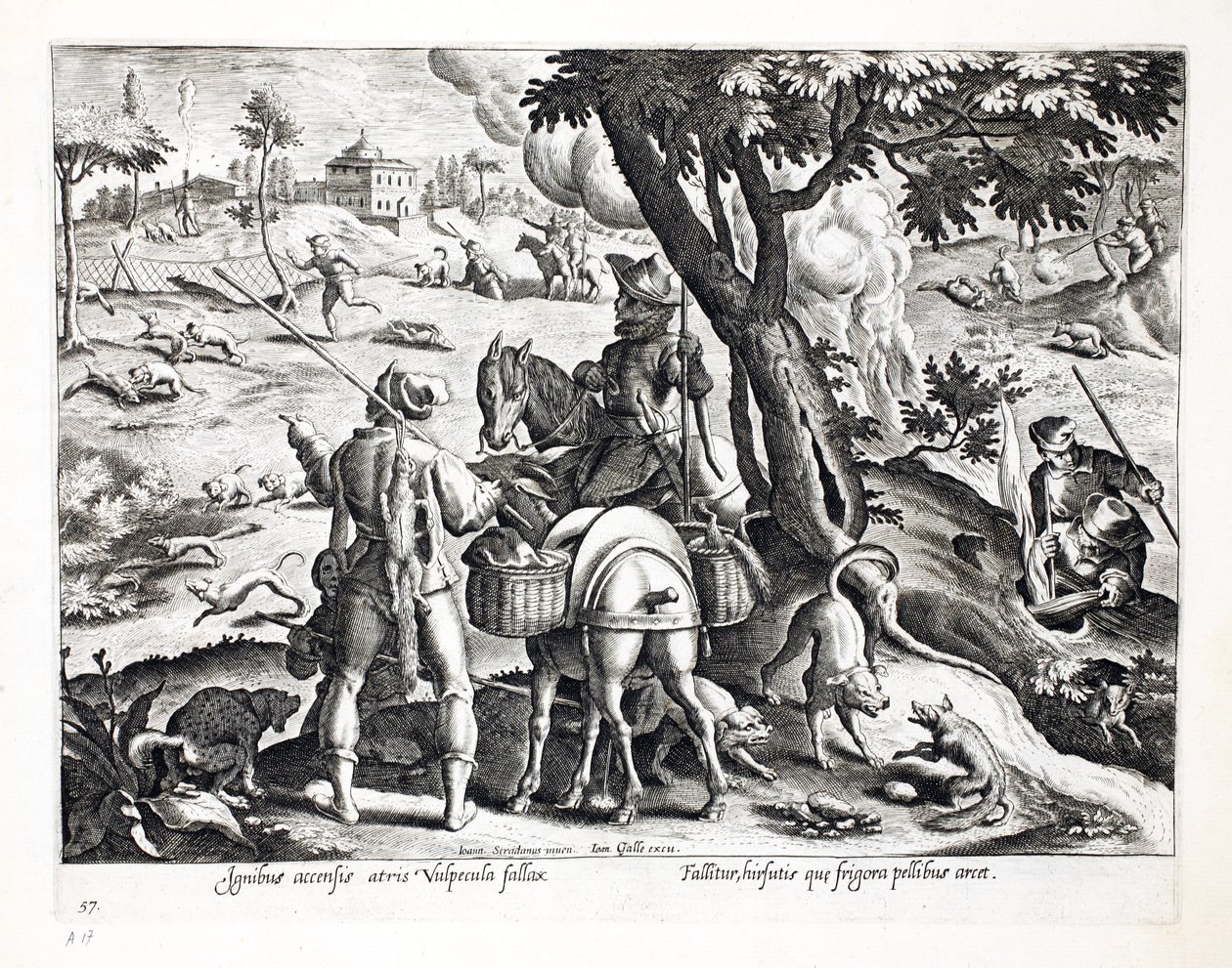 Wypędzanie czarnych lisów z nory, ilustracja z "Venationes, Ferarum, Avium, Piscium" (O polowaniu: dzikie zwierzęta, ptaki, ryby), rycina Jana Collaerta (1566-1628), wyd. Phillipus Gallaeus, autorstwa Jan van der Straet