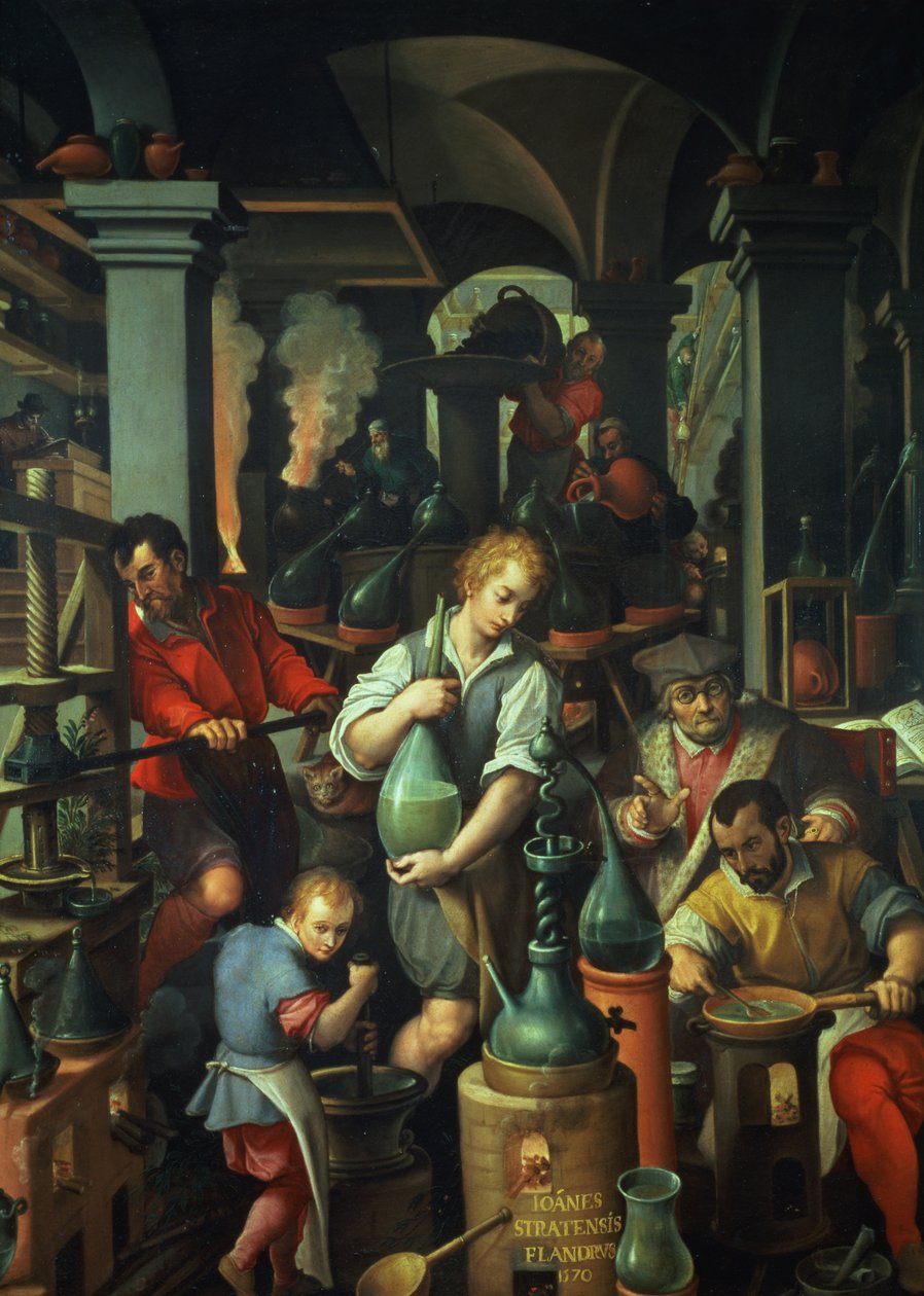 Warsztat alchemika, 1570 (olej na łupku) autorstwa Jan van der Straet