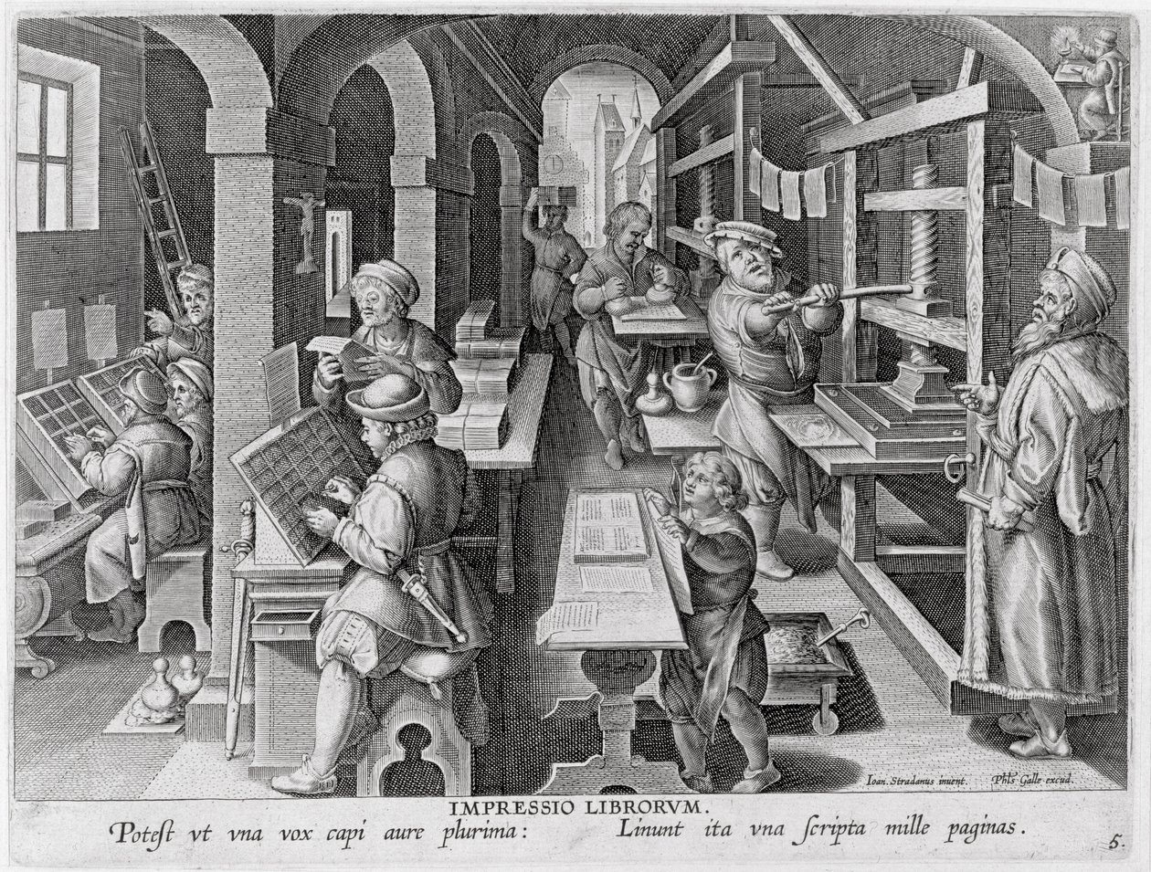 Rozwój drukarstwa, tablica 5 z "Nova Reperta" (Nowe odkrycia) wyryta przez Philipa Galle (1537-1612) ok. 1600 r. autorstwa Jan van der Straet