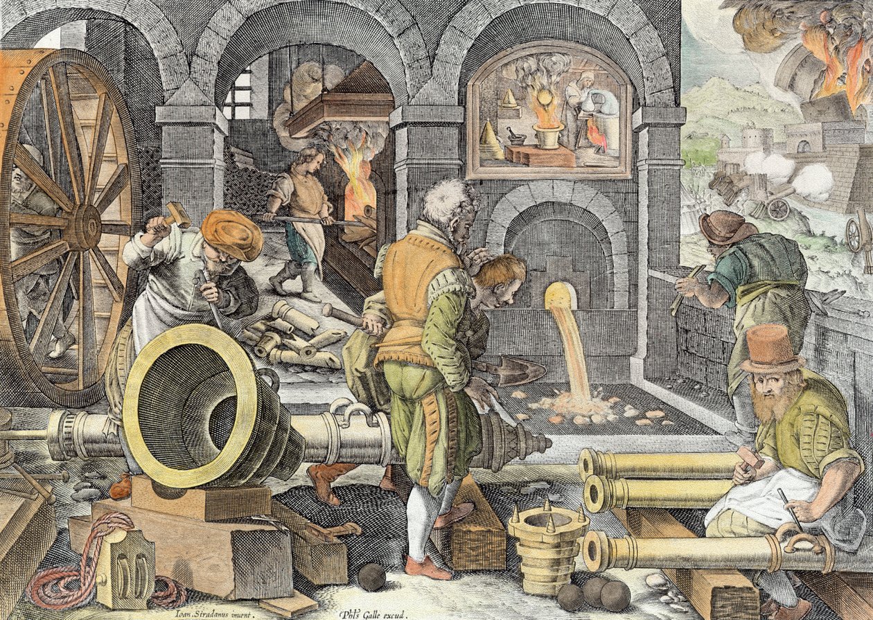 The Invention of Gunpowder and the First Casting of Bronze Cannon (Wynalazek prochu strzelniczego i pierwsze odlanie armaty z brązu), tablica 4 z "Nova Reperta" (Nowe odkrycia), wyryta przez Philipa Galle (1537-1612) ok. 1600 r. (późniejsza koloryzacja) autorstwa Jan van der Straet