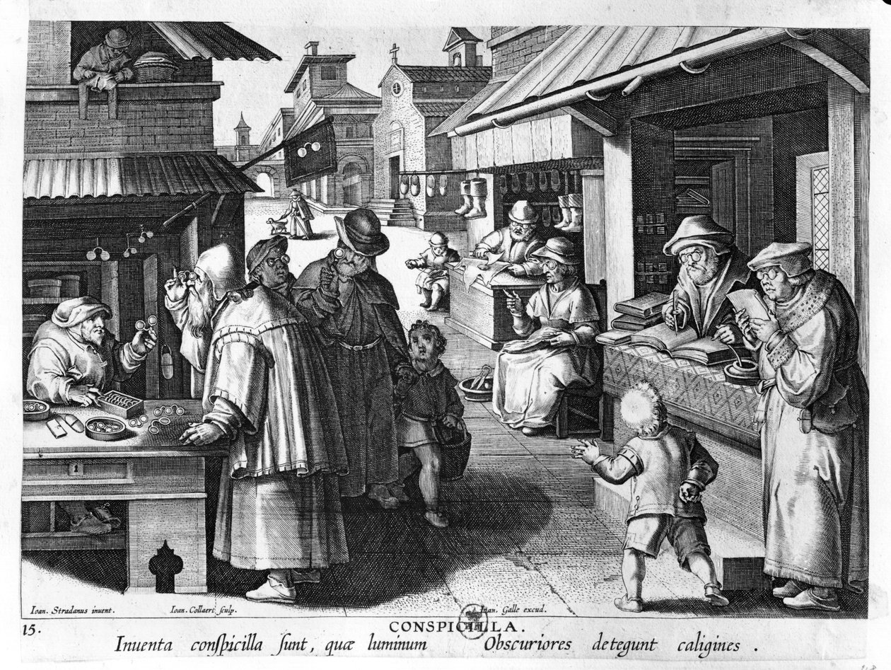 Sprzedawca okularów, rycina Jana Collaerta i Joanny Galle (1600-76) autorstwa Jan van der Straet