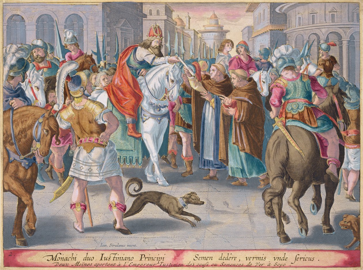 Dwóch mnichów przedstawia jedwabników przemyconych z Chin do cesarza Justyniana, tablica 2 z „Vermis Sericus” (Jedwabnik) rytowana przez Philipa Galle (1537-1612) autorstwa Jan van der Straet