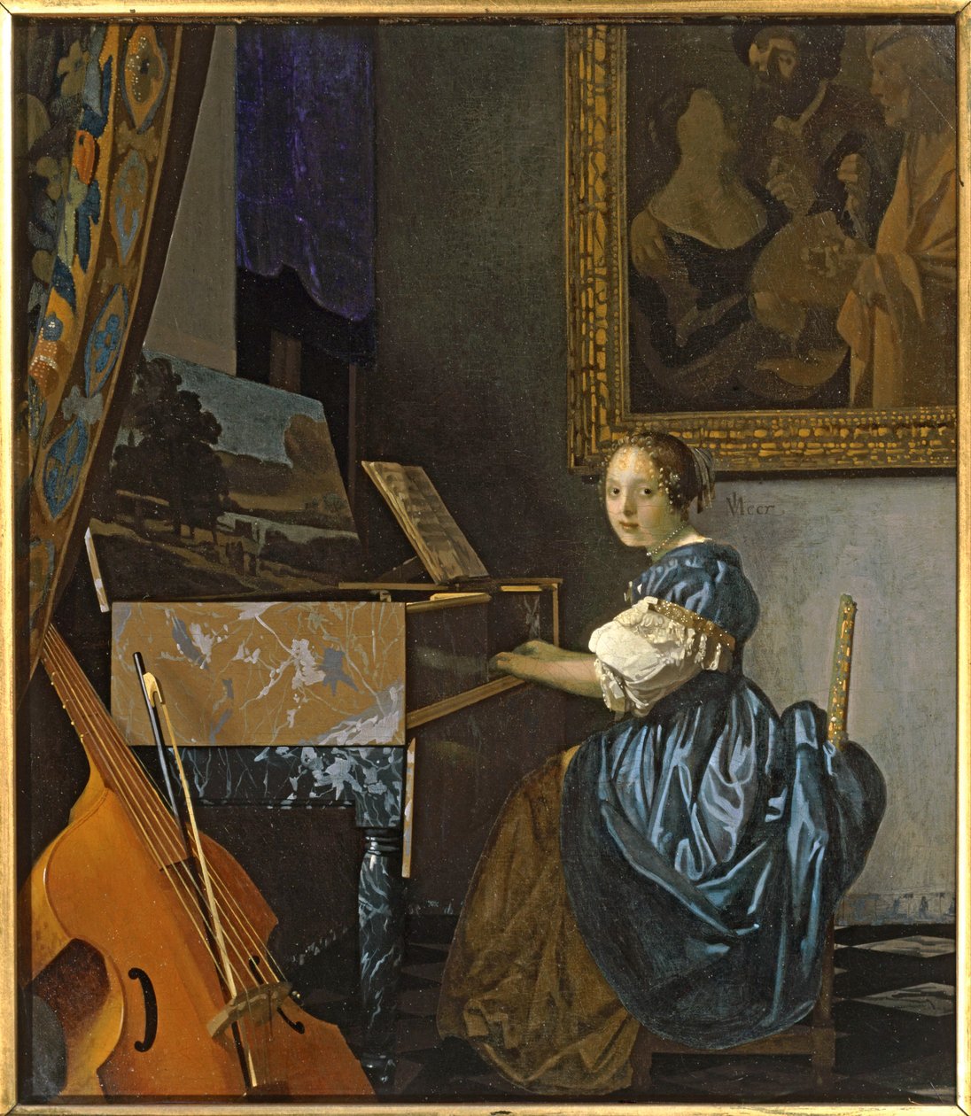 Młoda kobieta siedząca przy dziewiczym ... (obraz na płótnie) autorstwa Jan (1632-75) Vermeer