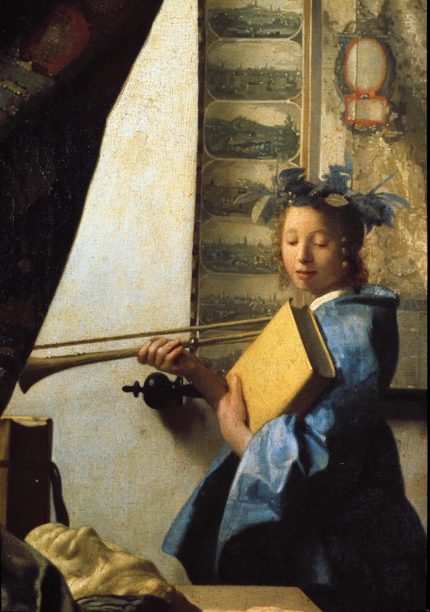 Sztuka malarstwa czyli warsztat malarski. Szczegół modela pozującego malarzowi. 1665 (olej na płótnie) autorstwa Johannes Vermeer