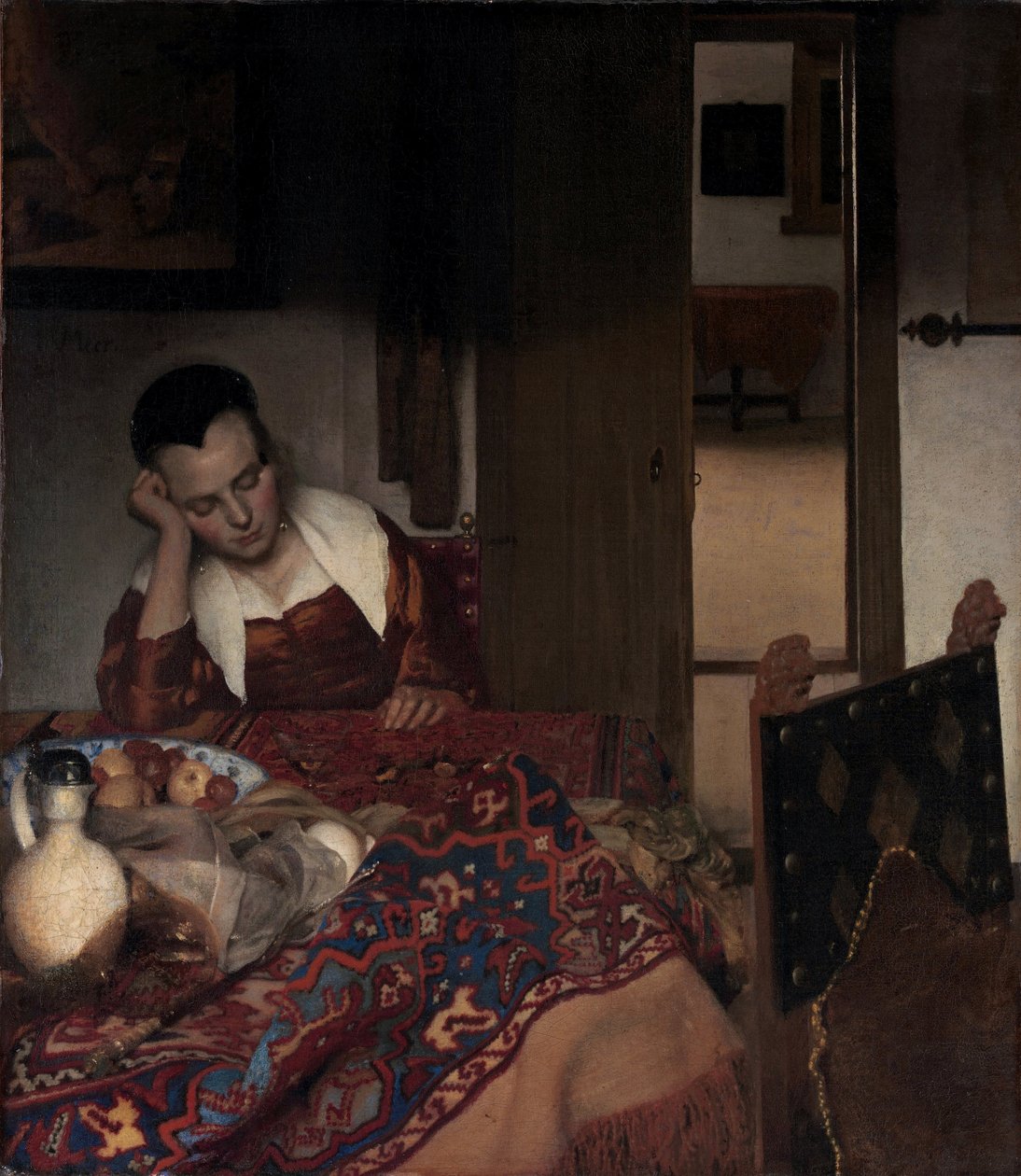 Śpiąca dziewczyna - obraz Johannesa Vermeera (Vermeer de Delft) (1632-1675), olej na płótnie autorstwa Johannes Vermeer