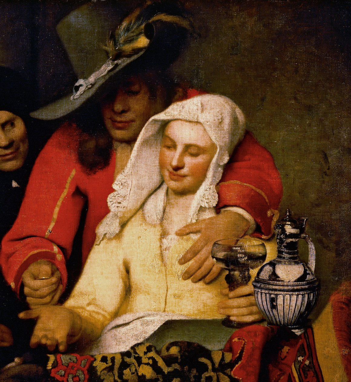 Mężczyzna podaje monetę kobiecie dotykającej jej piersi, szczegół z The Procuress autorstwa Johannes Vermeer