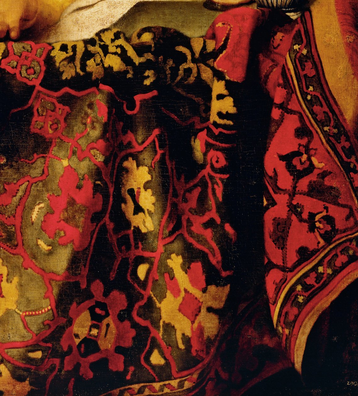 Haftowana sukienka, detal od The Procuress autorstwa Jan (attr. to) Vermeer