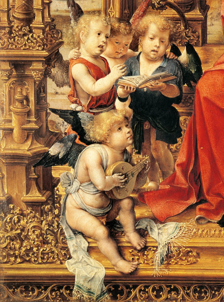 Anioły grające na instrumentach muzycznych, fragment centralnego panelu tryptyku w Malvern autorstwa Jan (c.1472 c.1533) Gossaert