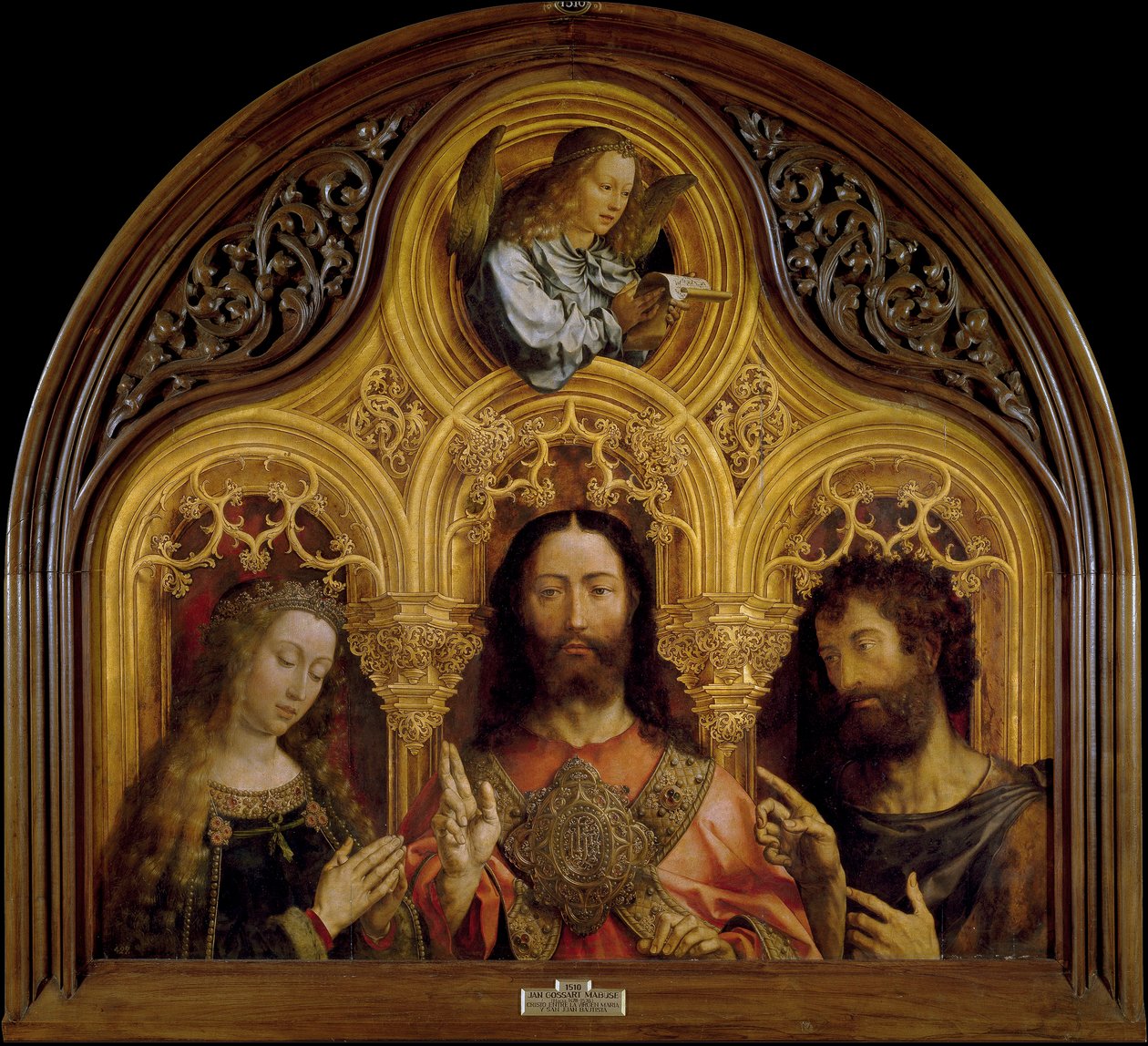 Chrystus między Maryją Dziewicą a św. Janem Chrzcicielem - Peinture de Jan Gossaert (Gossart) dit Mabuse (ok. 1478-1532) - 1510-1515 - Olej na drewnie - 122x133 - Museo del Prado, Madryt autorstwa Jan (c.1472 c.1533) Gossaert