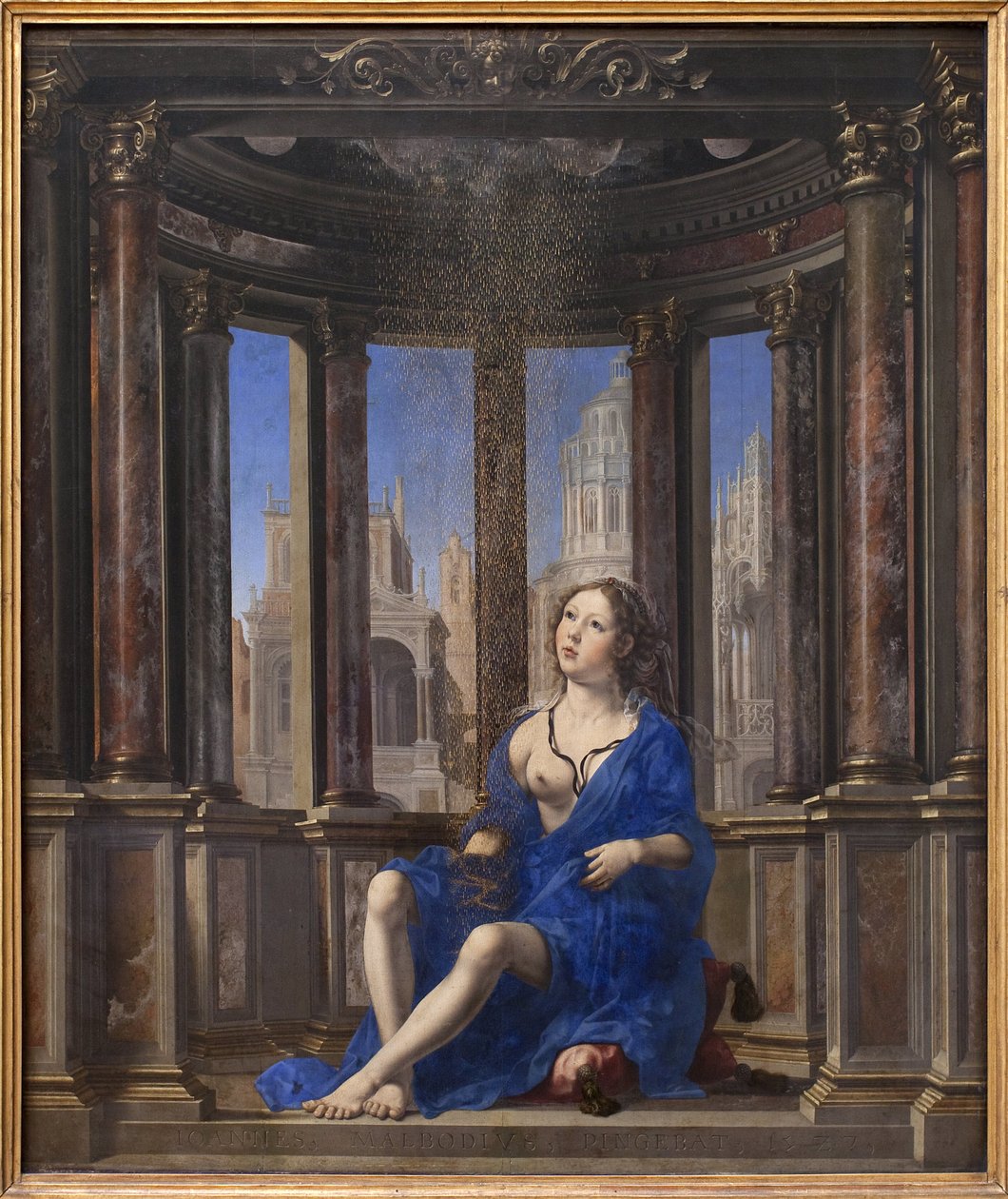 Danae. Jupiter zamienia się w złoty deszcz, by uwieść młodą kobietę. Obraz Jana Gossaerta dit Mabuse (1478-1532), olej na drewnie (95 x 113 cm) autorstwa Jan (c.1472 c.1533) Gossaert